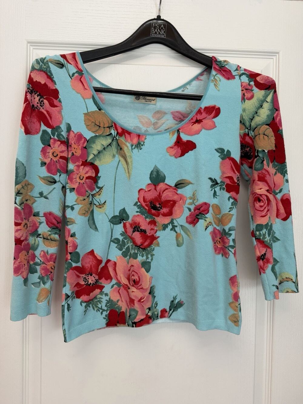 Vintage Y2K Blumarine Italy Size 46 Floral Aqua 3/4 Sleeve Scoop Neck Knit Top